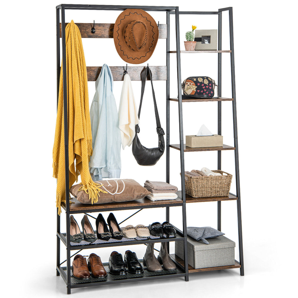 Rustic brown entryway hall tree showcasing 5 side shelves and a shoe bench, ideal for stylish and functional storage.