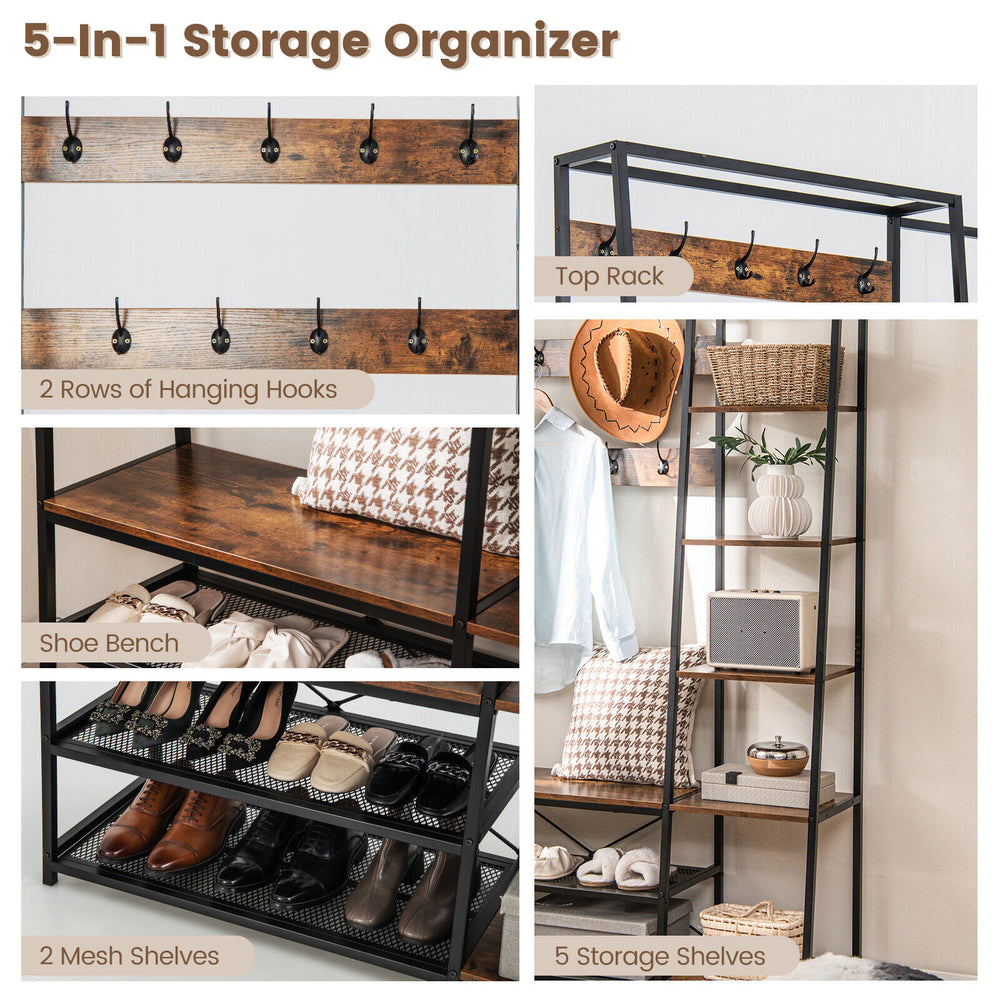 5-in-1 entryway hall tree in rustic brown featuring 9 hooks, shoe bench, and 5 storage shelves for versatile.
