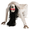 Crawling woman ghost decoration with LED eyes, sound effects, and durable polyester fabric for Halloween indoor/outdoor.