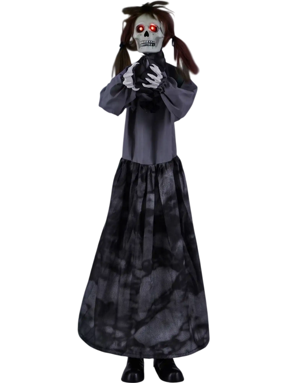 Halloween animatronic jumpscare doll showcases a creepy design with glowing eyes and posable arms for versatile displays.