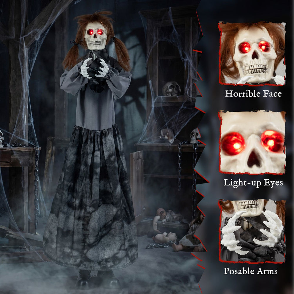 Halloween animatronic jumpscare doll features a horrible face, glowing eyes, and posable arms for spooky displays.