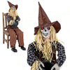 Sitting Halloween animatronic scarecrow with glowing red eyes, candy bowl, and sound-activated spooky features.