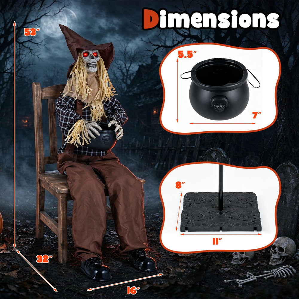 Eerie Halloween animatronic sitting scarecrow with glowing red eyes and cauldron-shaped candy bowl for trick-or-treaters.