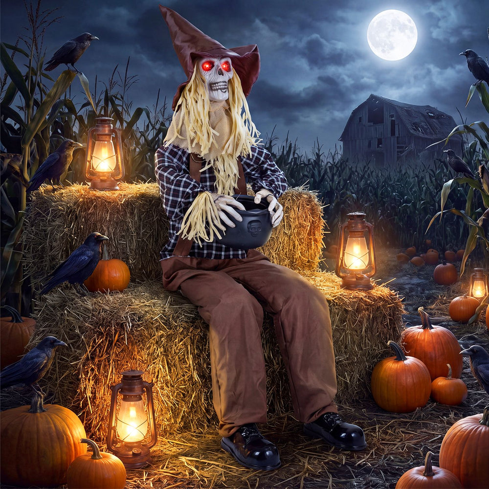 Sitting Halloween animatronic scarecrow with glowing red eyes and cauldron-shaped candy bowl for trick-or-treaters.