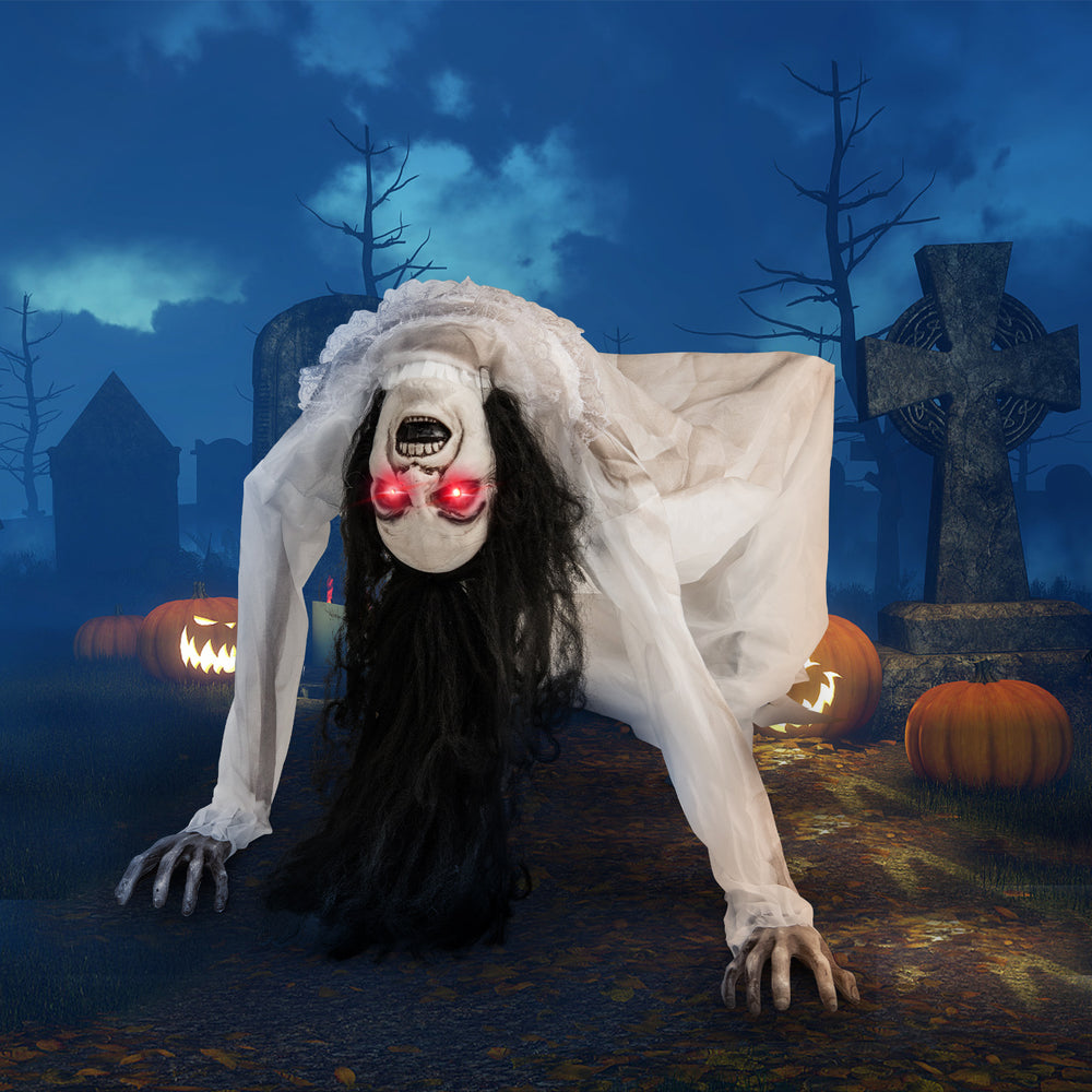 Lifelike Halloween animatronic crawling woman ghost with LED eyes, perfect for indoor and outdoor spooky decorations.