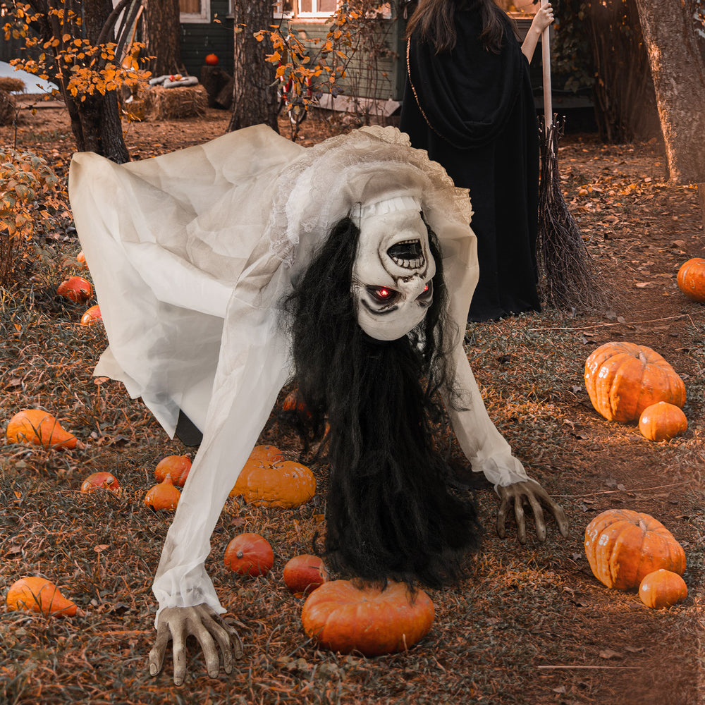 Lifelike Halloween animatronic crawling woman ghost with LED eyes, perfect for spooky indoor or outdoor decorations.