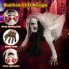 Crawling woman ghost decoration with LED glowing eyes, lifelike limbs, and scary expression for Halloween.