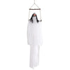 Hanging Halloween decoration features a spooky ghostly figure with flowing hair and a white robe for chilling scare effects.