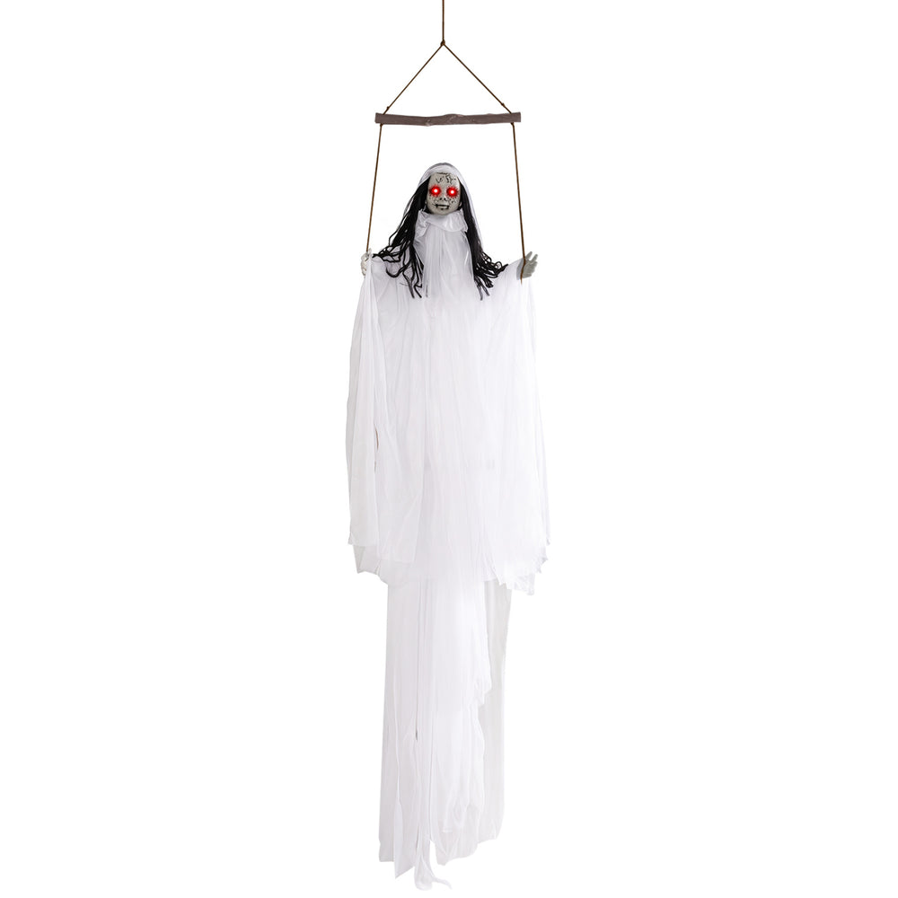 Hanging Halloween decoration features a spooky ghostly figure with flowing hair and a white robe for chilling scare effects.