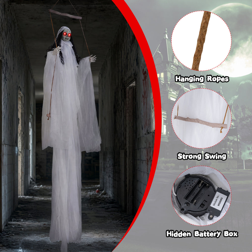 Creepy Halloween decoration showcases strong swinging ropes and glowing eyes for an eerie effect in any haunted setup.