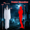 Dimensions of the Halloween decoration show a ghostly figure with light-up eyes and a flowing white robe for spooky displays.