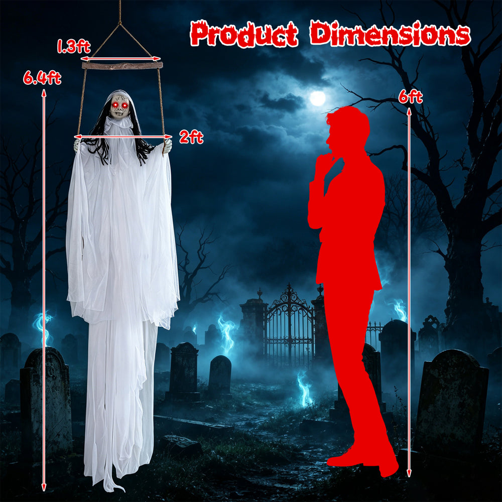 Dimensions of the Halloween decoration show a ghostly figure with light-up eyes and a flowing white robe for spooky displays.