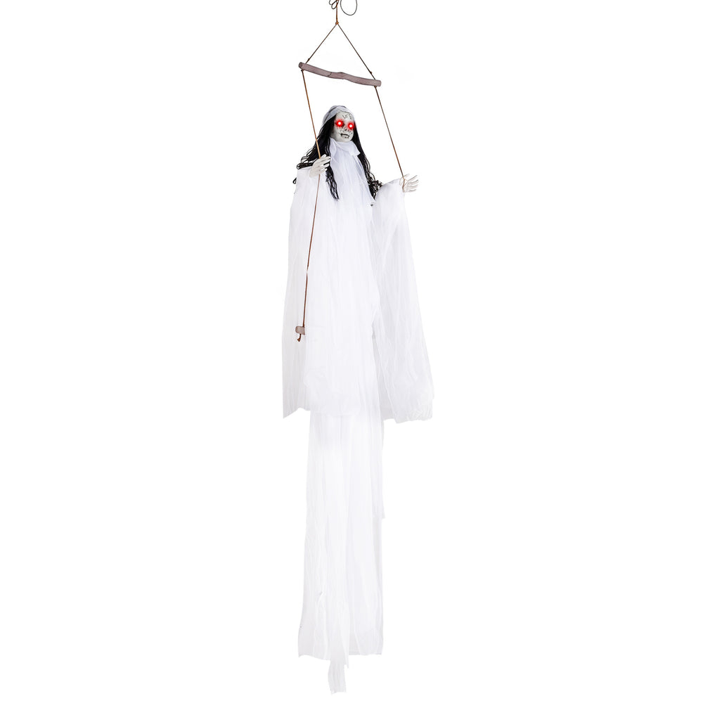 Hanging Halloween decoration features glowing eyes, spooky sounds, and a terrifying white robe for eerie ambiance.