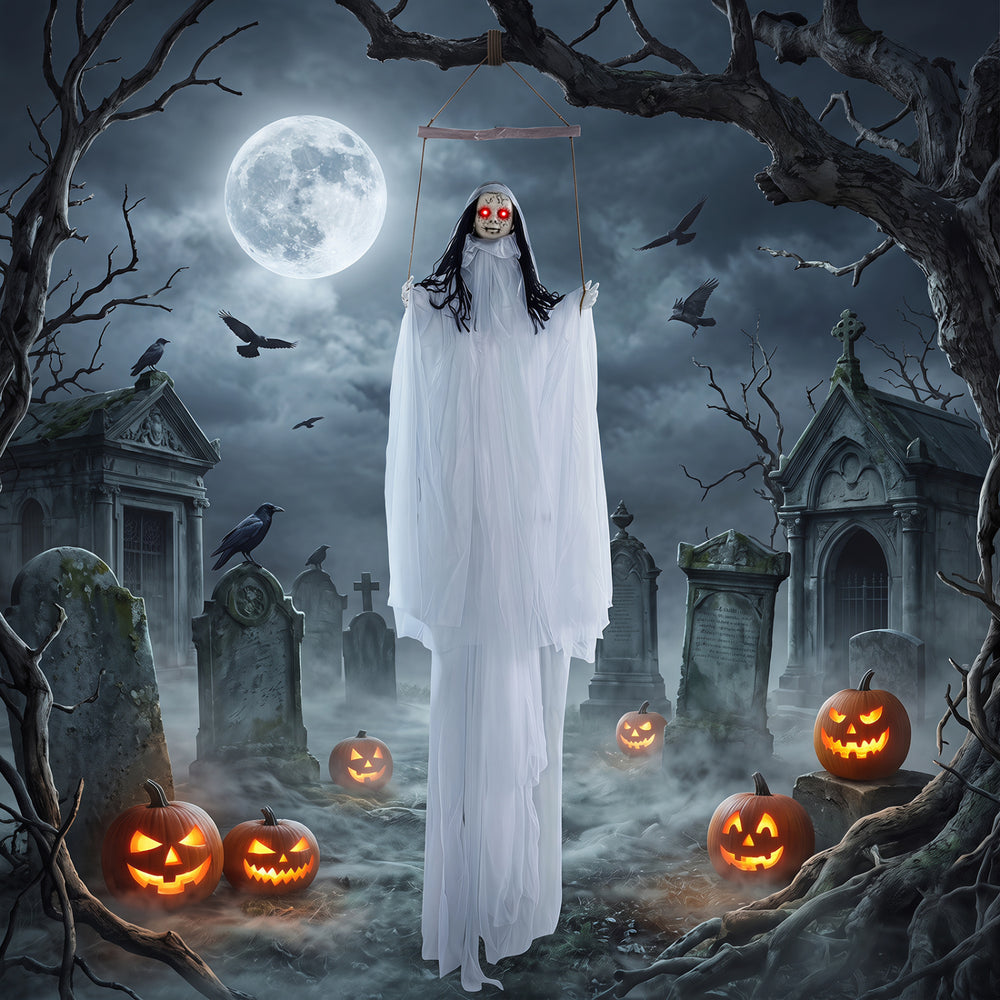 Creepy Halloween decoration features glowing eyes, spooky sounds, and a terrifying ghostly figure for haunting displays.
