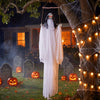 Hanging Halloween decoration features glowing eyes, spooky sounds, and a terrifying ghostly appearance for festive scares.