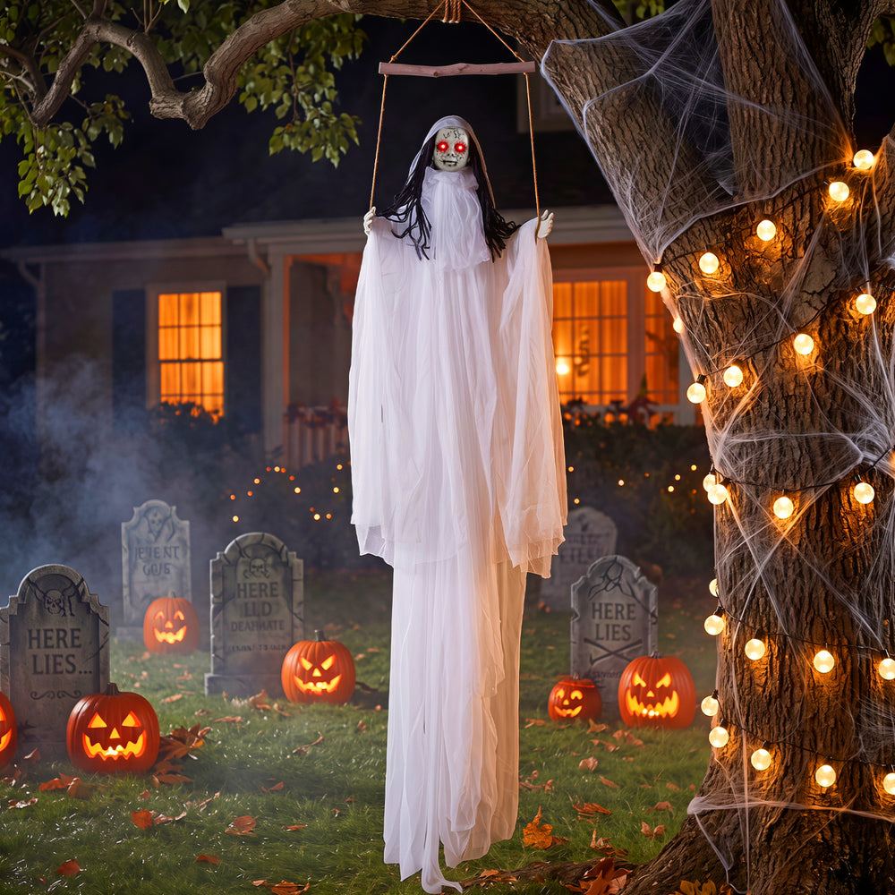 Hanging Halloween decoration features glowing eyes, spooky sounds, and a terrifying ghostly appearance for festive scares.