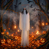 Creepy Halloween decoration features glowing eyes, spooky sounds, and a terrifying ghostly figure in a flowing white robe.