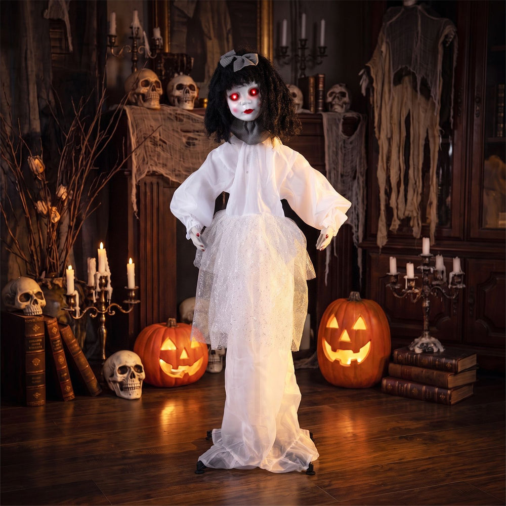 Halloween doll girl with glowing eyes, shakeable head, and posable arms for spooky decorations at parties and haunted houses.