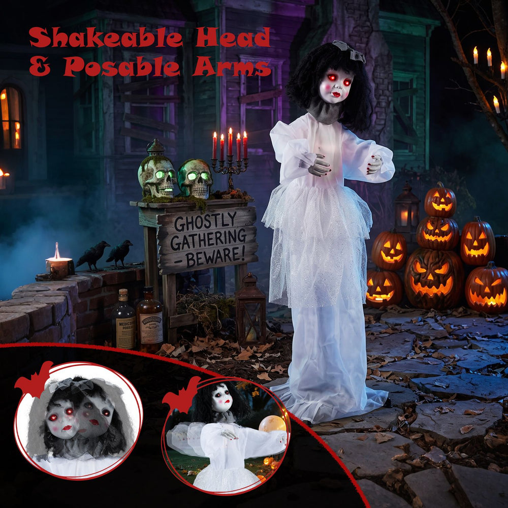 Halloween doll girl with posable arms and shakeable head, designed to create a frightening atmosphere for any spooky setting.