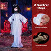 Halloween doll girl with glowing eyes, shakeable head, and posable arms for spooky decorations and thrilling scares.