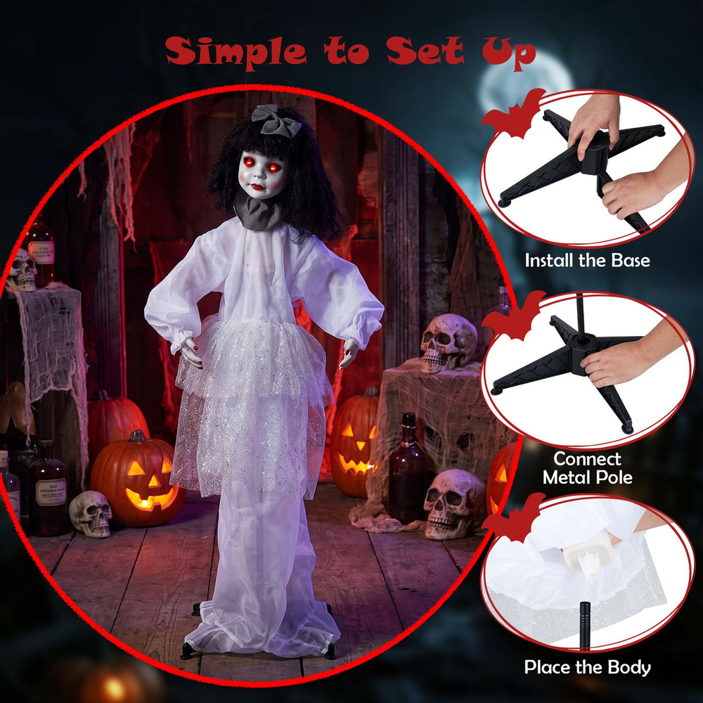 Halloween doll girl with glowing eyes, shakeable head, and posable arms for spooky decorations and easy assembly.