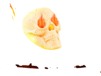 Realistic beige skull decoration with fiery eyes, perfect for Halloween ambiance in fire pits or haunted houses.