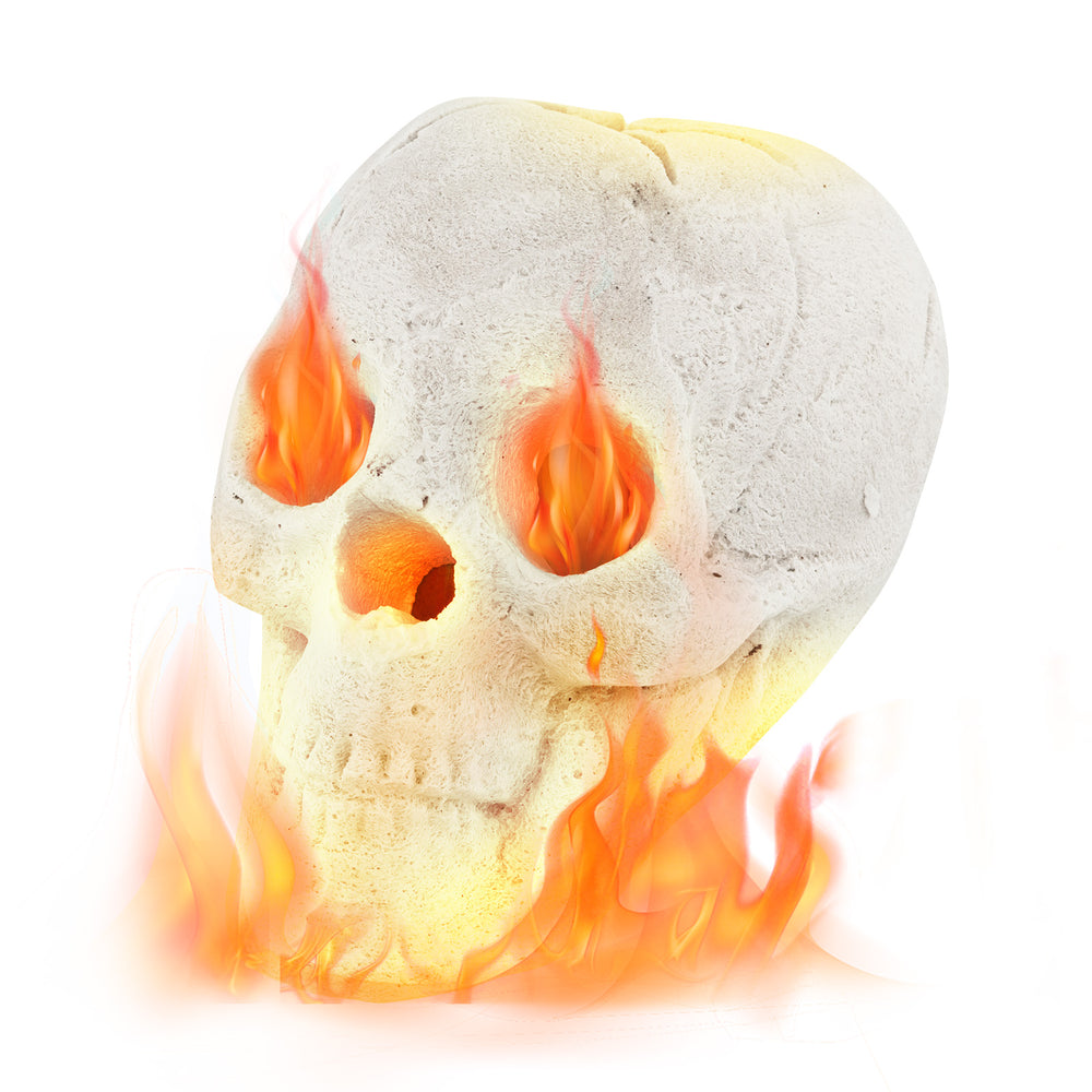 Beige ceramic fibre skull decoration with fiery eyes, perfect for Halloween ambiance and fire pit use.