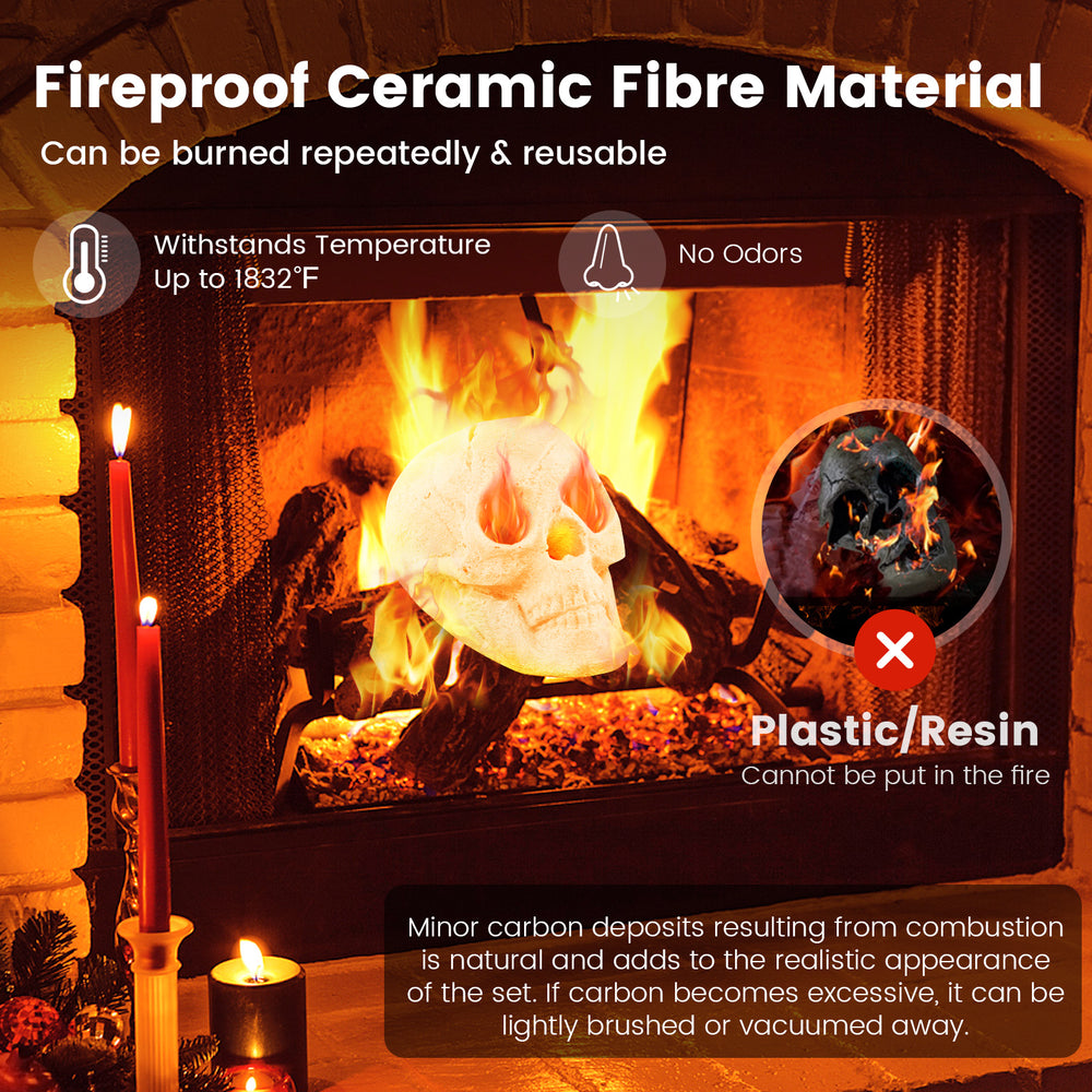 Realistic beige ceramic fibre skull decoration for Halloween, fireproof and reusable, perfect for spooky campfires.