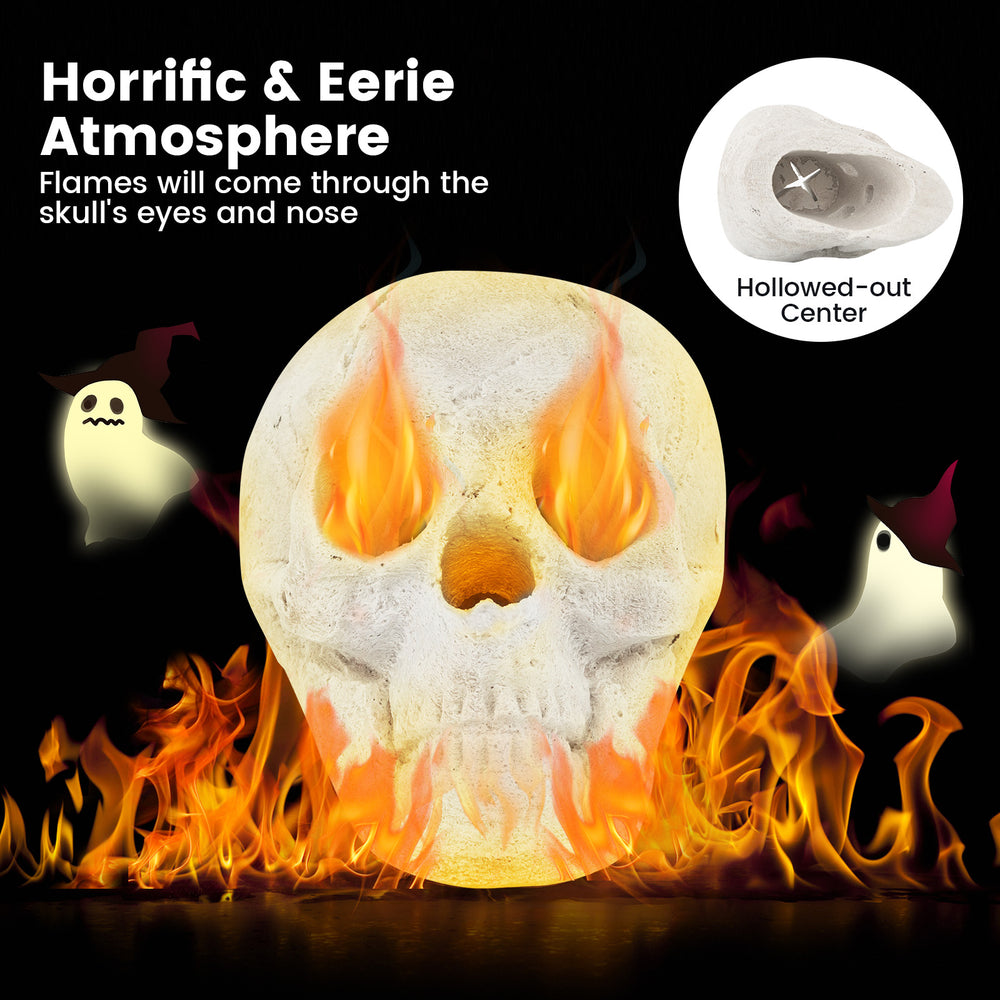 Realistic beige skull fire pit decoration with flames escaping from eyes and nose, perfect for Halloween ambiance.