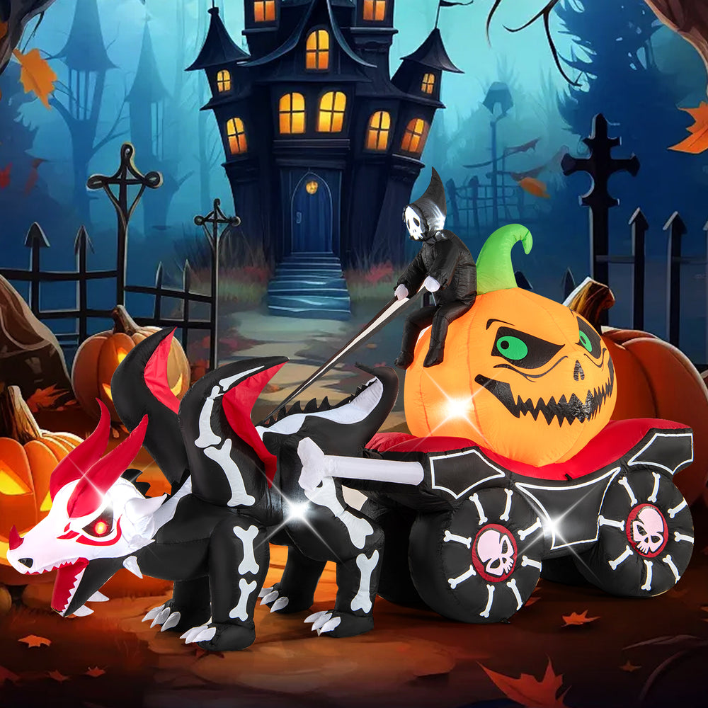 Inflatable Halloween carriage with a skeleton dragon and pumpkin, showcasing 7 LED lights for nighttime visibility.