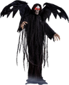 Life-size Halloween Standing Grim Reaper with glowing red eyes and tattered wings creates an eerie atmosphere for spooky events.