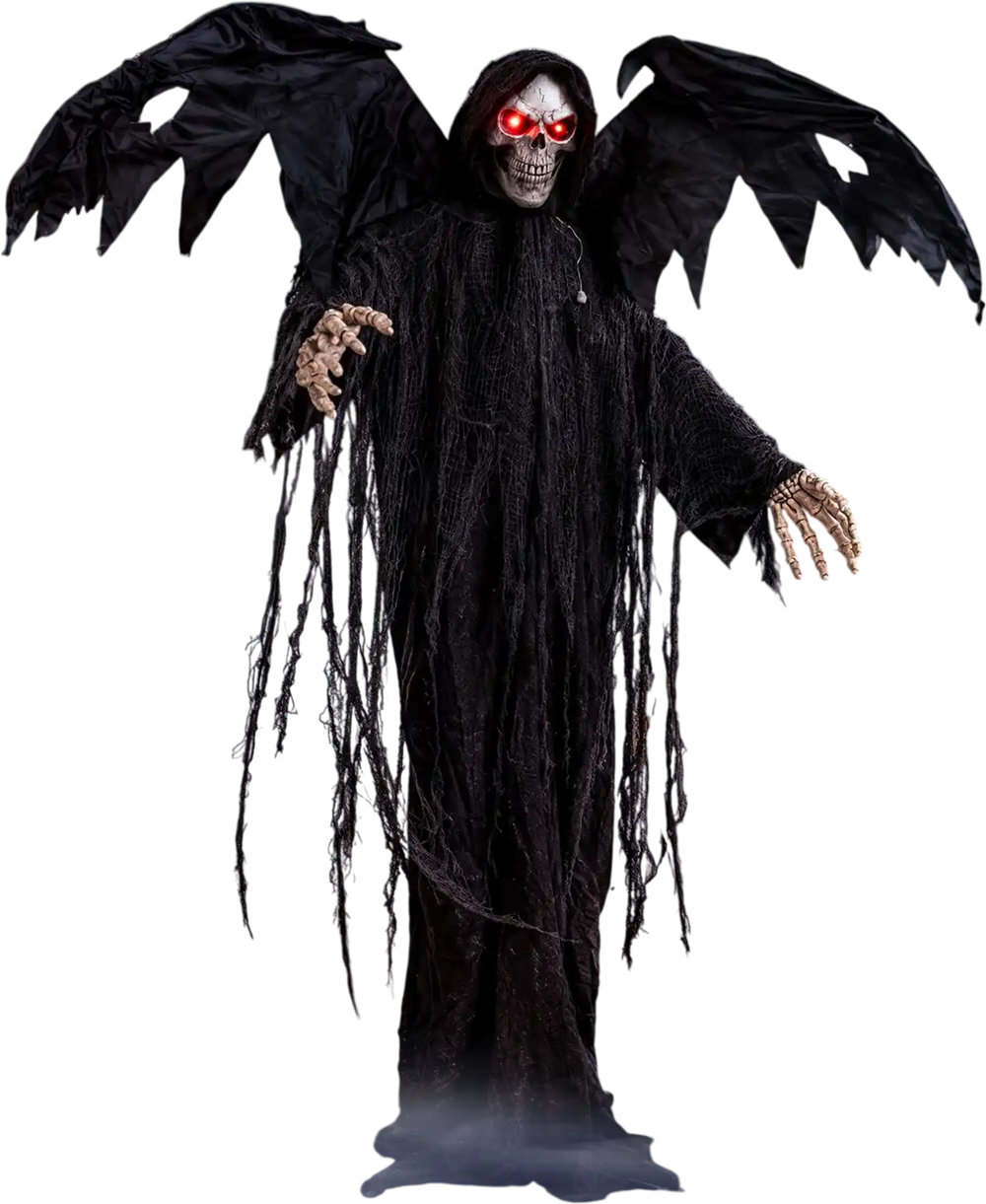 Life-size Halloween Standing Grim Reaper with glowing red eyes and tattered wings creates an eerie atmosphere for spooky events.