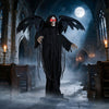 Life-size Halloween Standing Grim Reaper showcases large tattered black wings and glowing red eyes for an eerie ambiance.