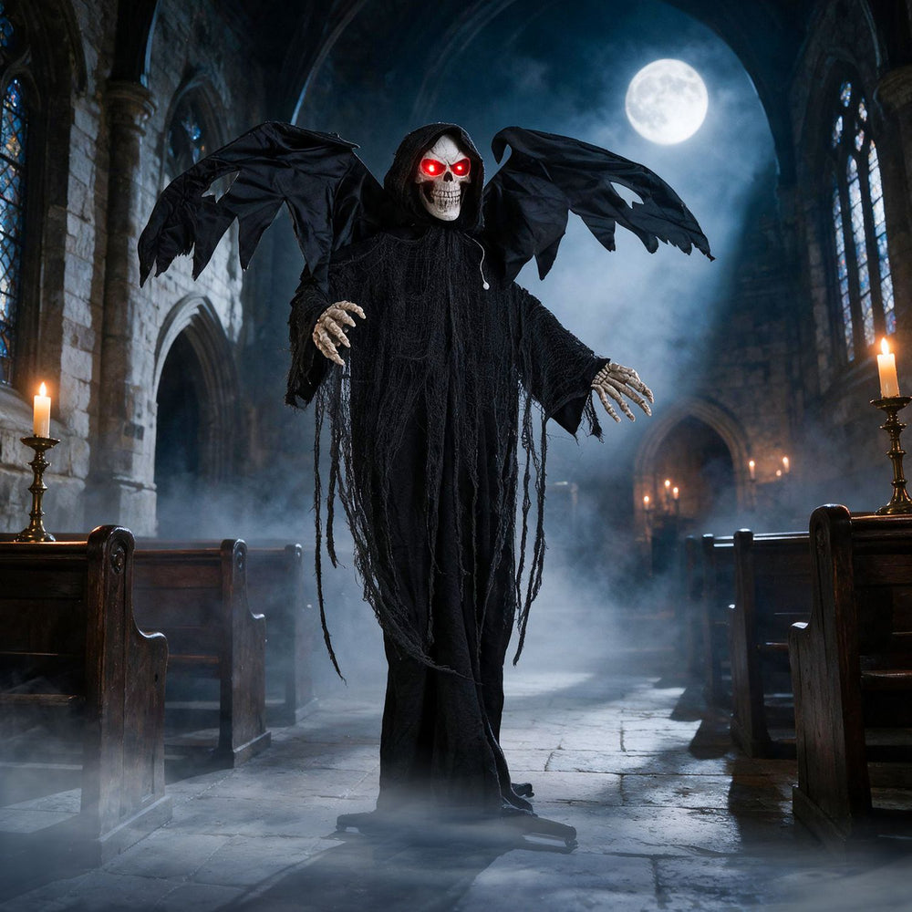 Life-size Halloween Standing Grim Reaper showcases large tattered black wings and glowing red eyes for an eerie ambiance.