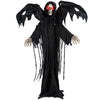 Life-size Halloween Standing Grim Reaper features large tattered wings, glowing red eyes, and a flowing black robe for eerie ambiance.