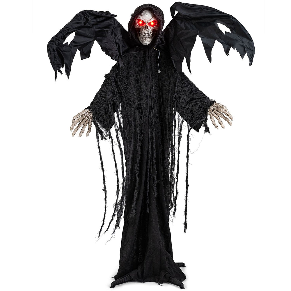 Life-size Halloween Standing Grim Reaper features large tattered wings, glowing red eyes, and a flowing black robe for eerie ambiance.