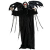 Life-size Halloween Standing Grim Reaper with red glowing eyes, tattered wings, and shaking head for spooky decor.