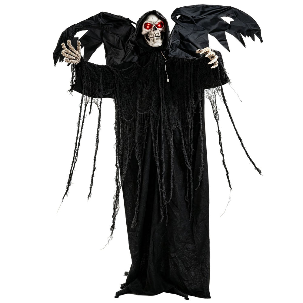Life-size Halloween Standing Grim Reaper with red glowing eyes, tattered wings, and shaking head for spooky decor.