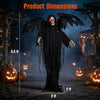 Dimensions of the Halloween Standing Grim Reaper with red eyes measure 5.5 ft tall and 2 ft wide for spooky decor.