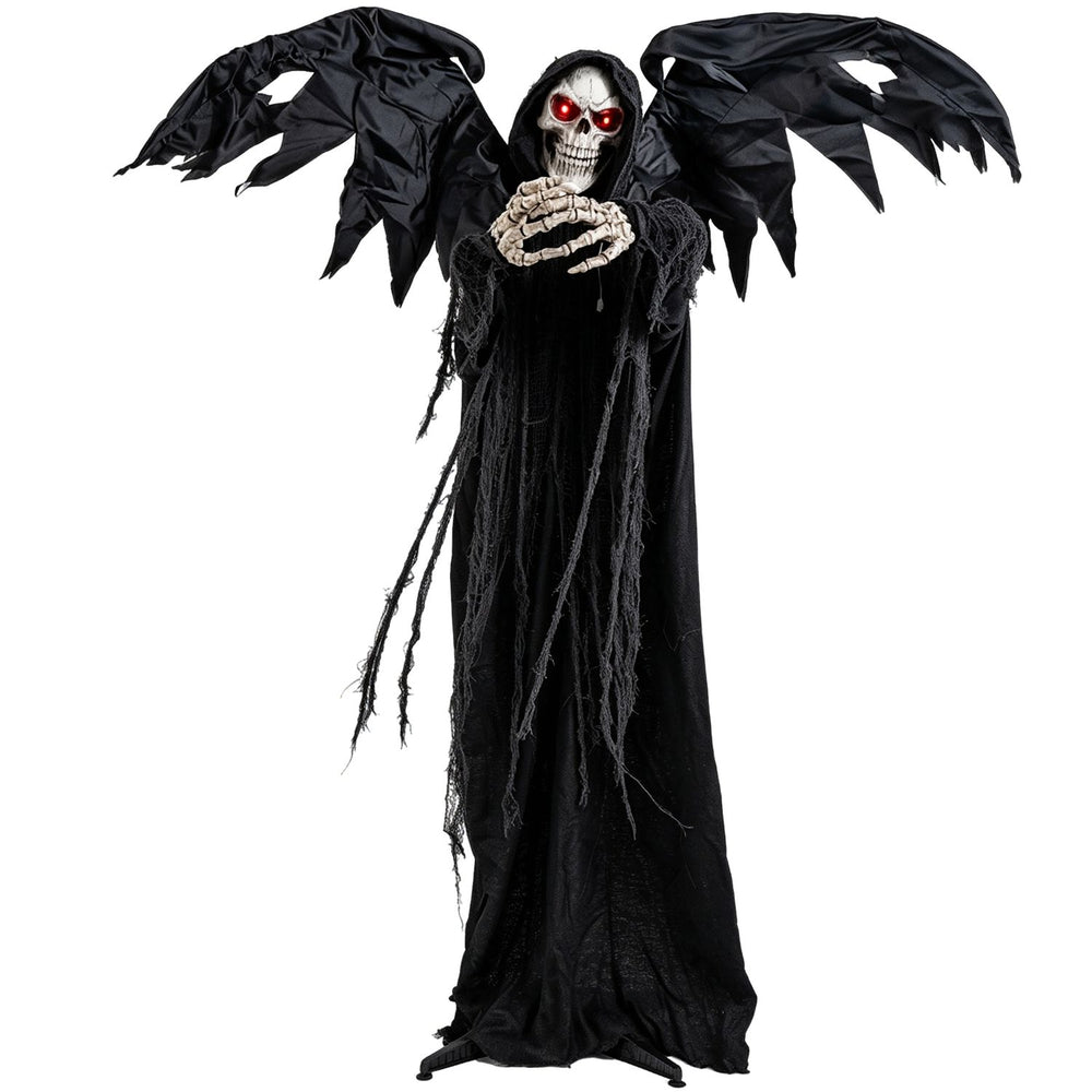 Life-size Halloween Standing Grim Reaper with red eyes, tattered wings, and shaking head for spooky party decor.