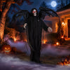 Life-size Halloween Standing Grim Reaper with red eyes, tattered wings, and shaking head for spooky decorations.