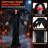 Life-size Halloween Standing Grim Reaper with glowing red eyes, tattered wings, and a long black robe for spooky decor.