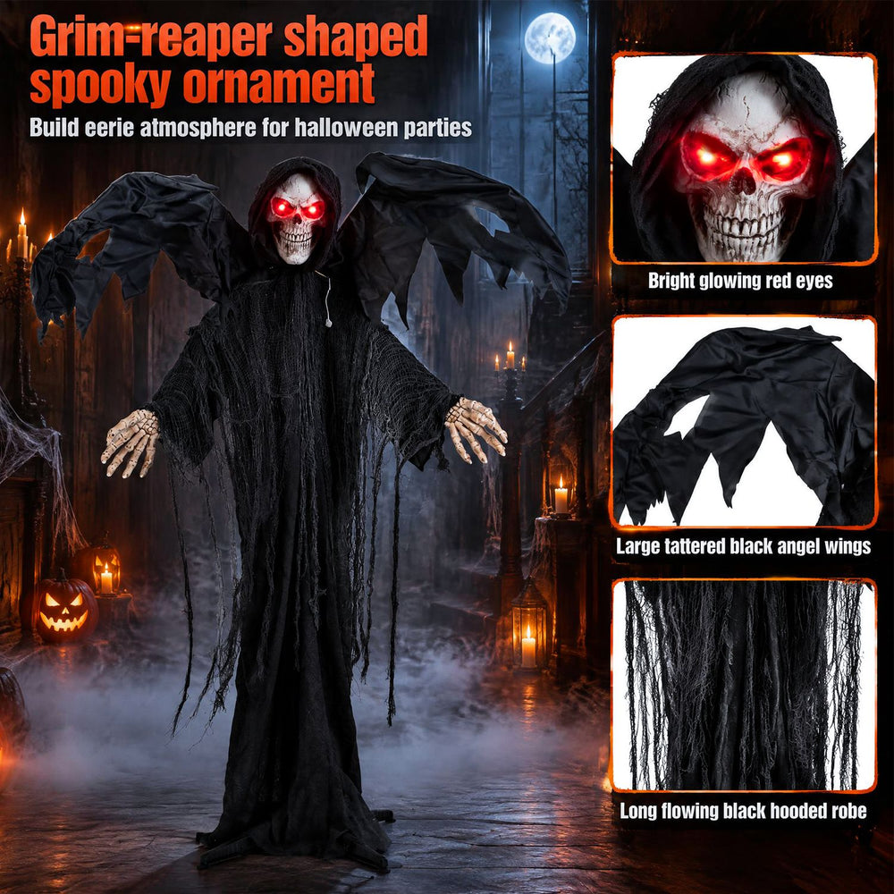 Life-size Halloween Standing Grim Reaper with glowing red eyes, tattered wings, and a long black robe for spooky decor.