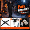 Life-size Halloween Grim Reaper with red eyes, tattered wings, and shaking head for spooky party decorations.