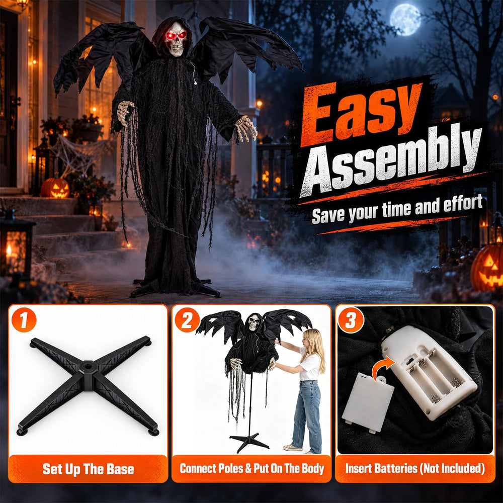 Life-size Halloween Grim Reaper with red eyes, tattered wings, and shaking head for spooky party decorations.