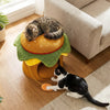 Hamburger-shaped cat nest with removable cushion and plush chicken drumstick toy, perfect for indoor relaxation.