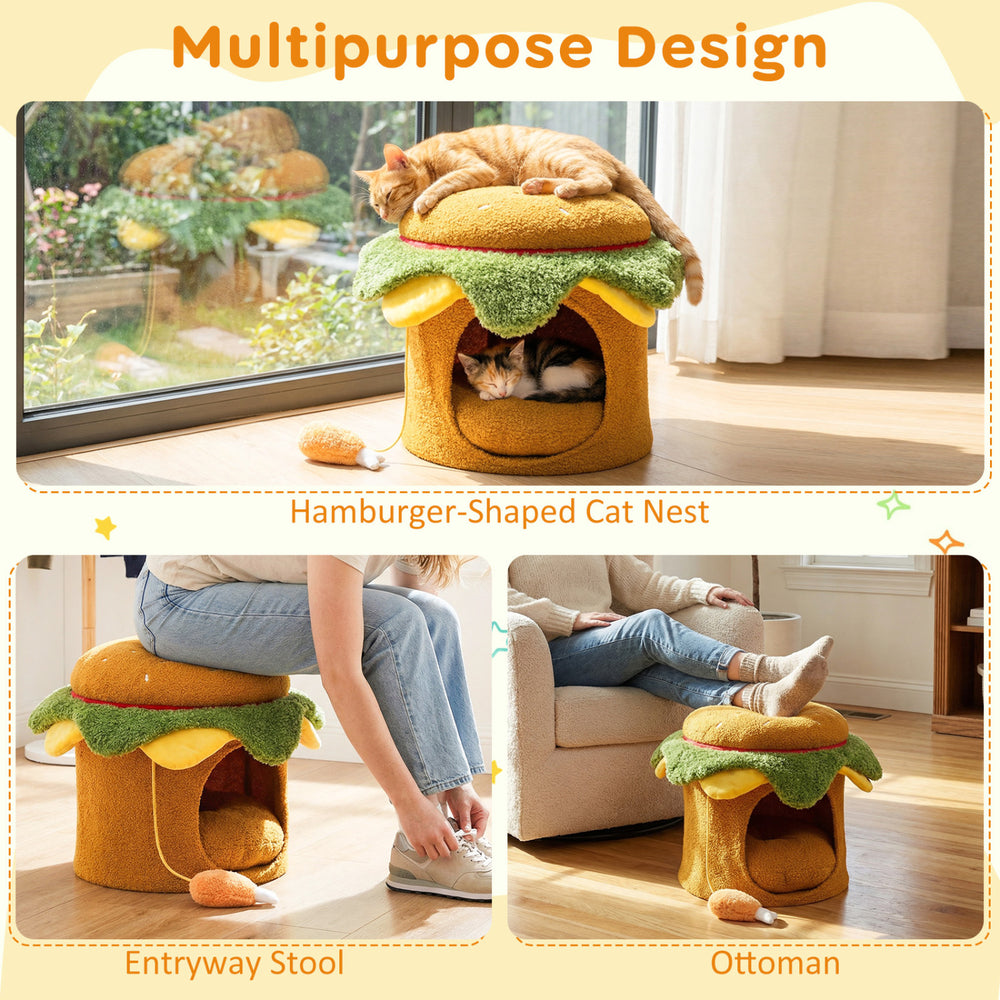 Hamburger-shaped cat nest in yellow with removable cushion, serving as an ottoman and cozy resting spot for indoor cats.