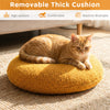 Yellow hamburger cat nest with removable thick cushion and plush chicken drumstick toy for indoor cat comfort.