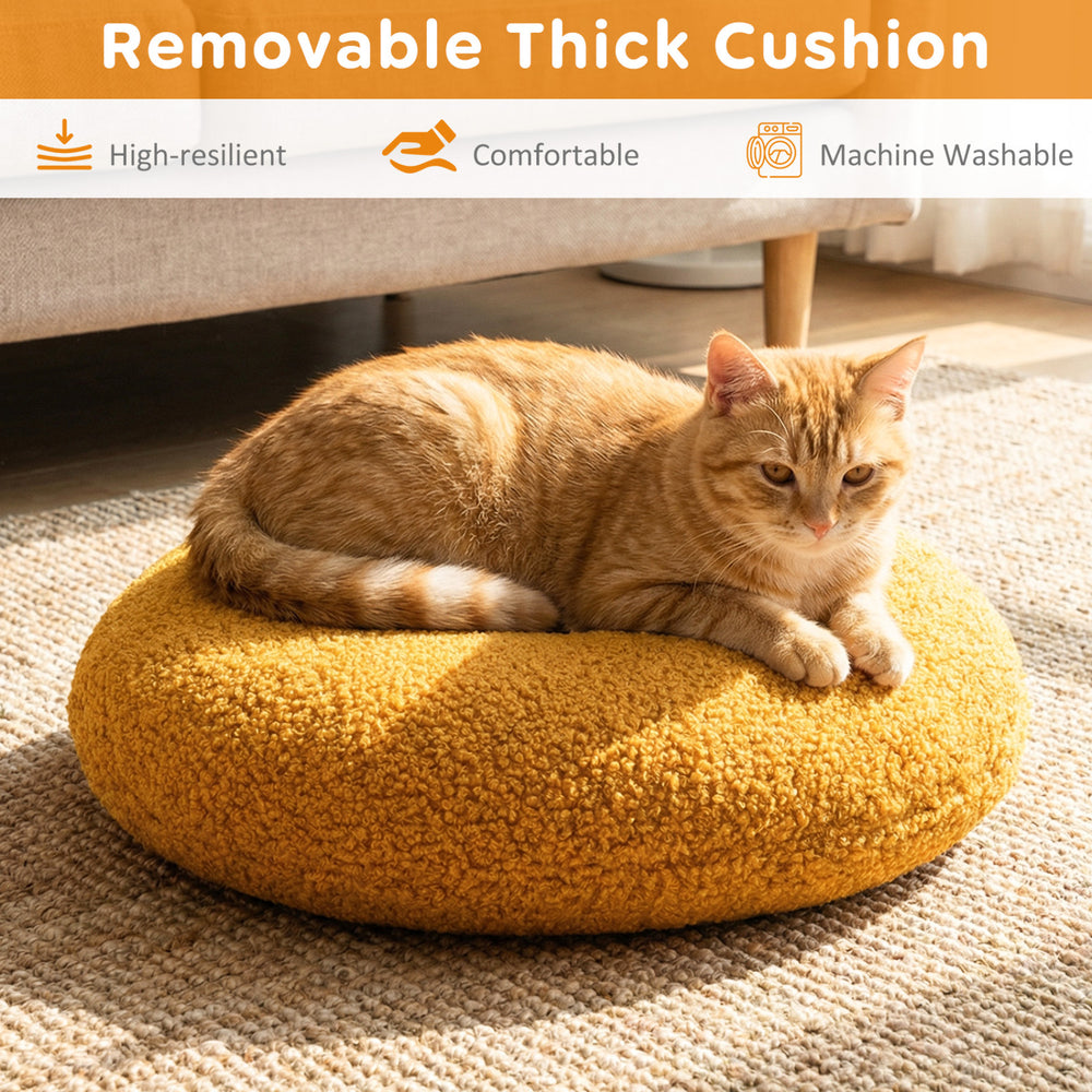 Yellow hamburger cat nest with removable thick cushion and plush chicken drumstick toy for indoor cat comfort.