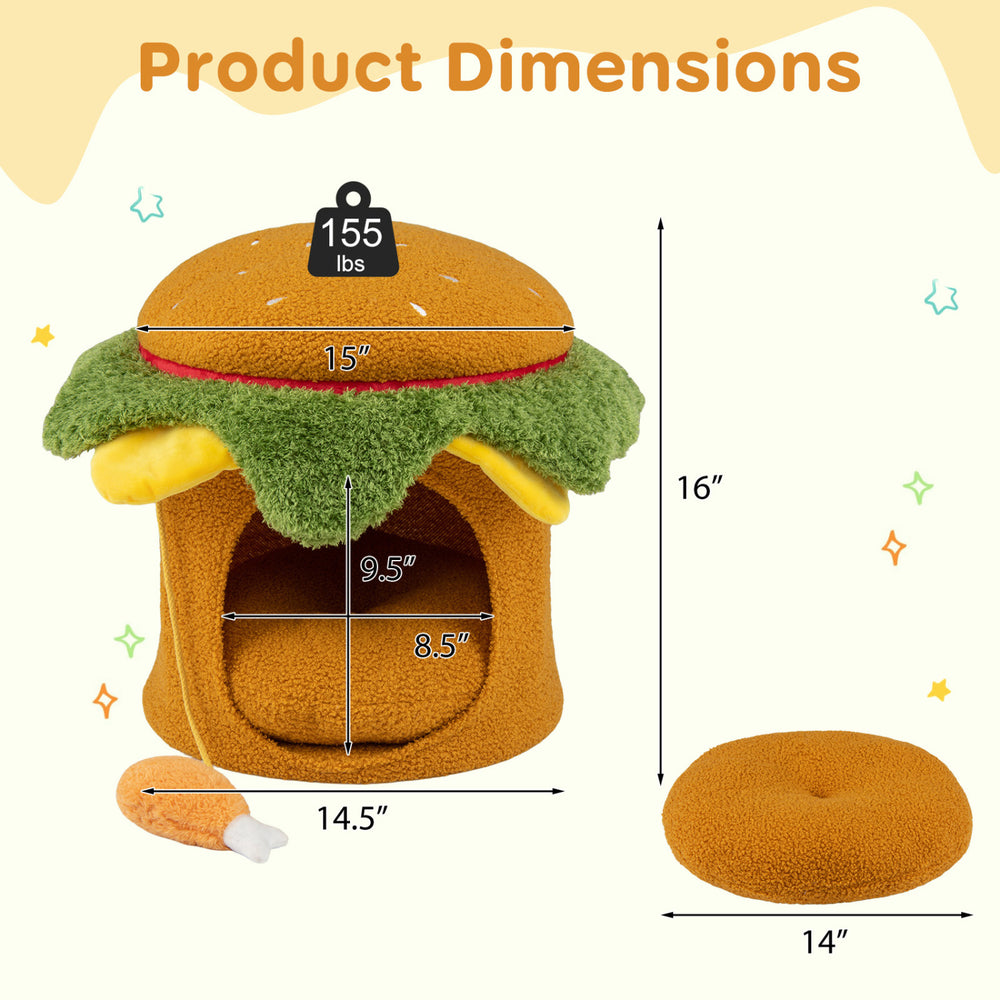 Hamburger-shaped cat nest with removable cushion, plush chicken drumstick toy, and cozy design for indoor cats.